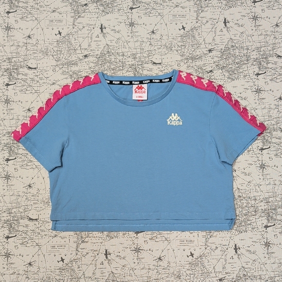 Kappa Sky Blue Crop Top with Pink Logo Sleeves Size XS - Picture 1 of 6